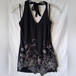 Vintage Celine By Champion Black Tank Top with Floral Embellishments